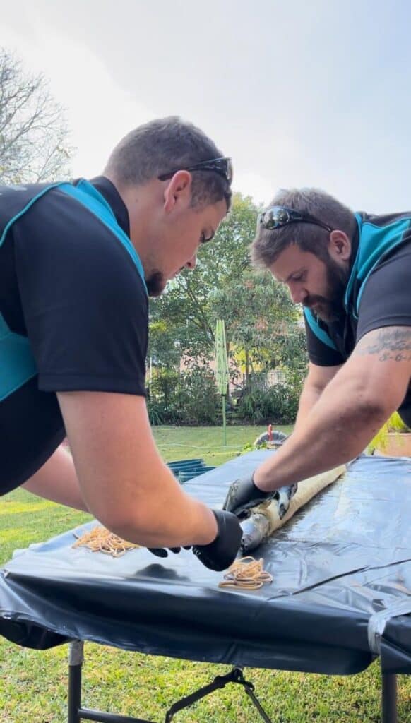 Professional plumbers performing trenchless pipe relining with specialised tools