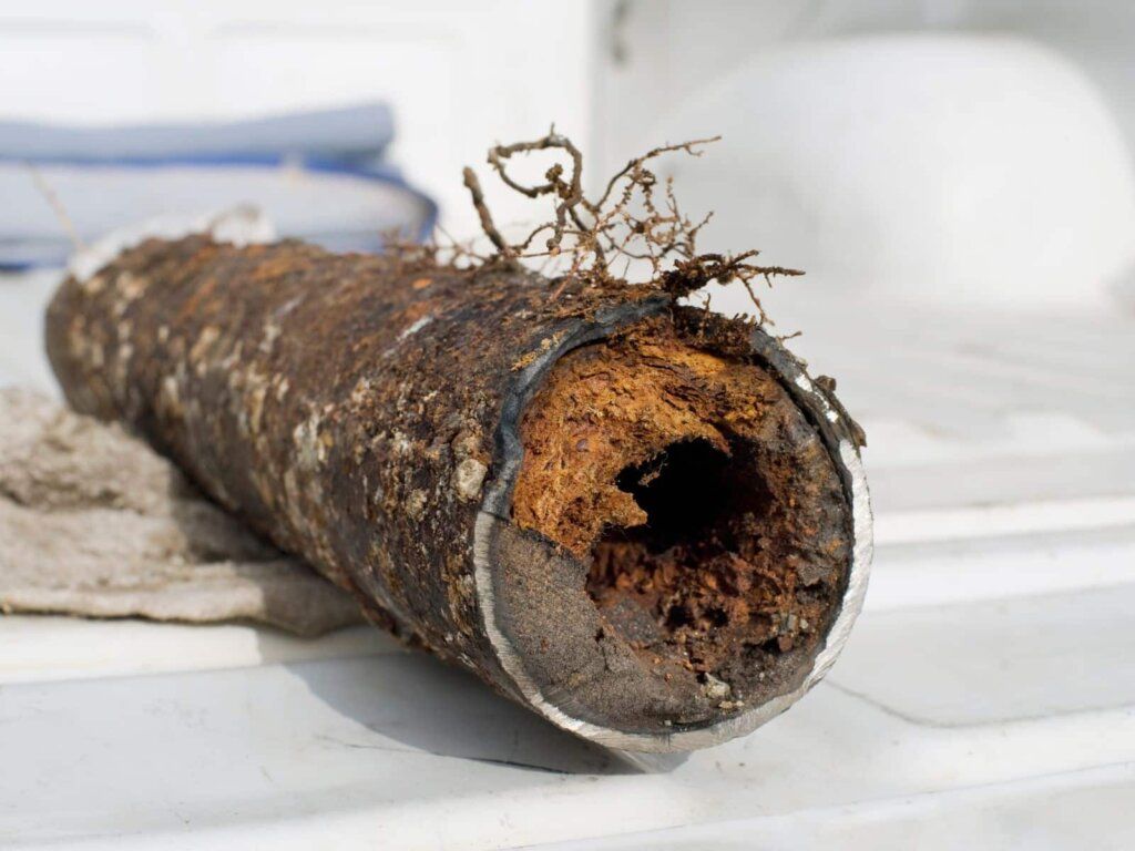 A drain blocked by a treeroot